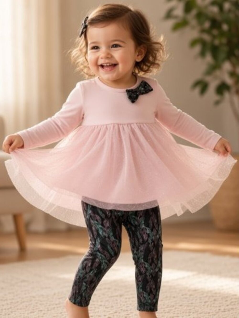 KOALA BABY Pink and Black Leaf Print Tulle Trim Tutu Pant Set Girls 18-24 months